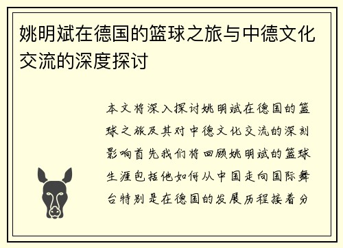姚明斌在德国的篮球之旅与中德文化交流的深度探讨